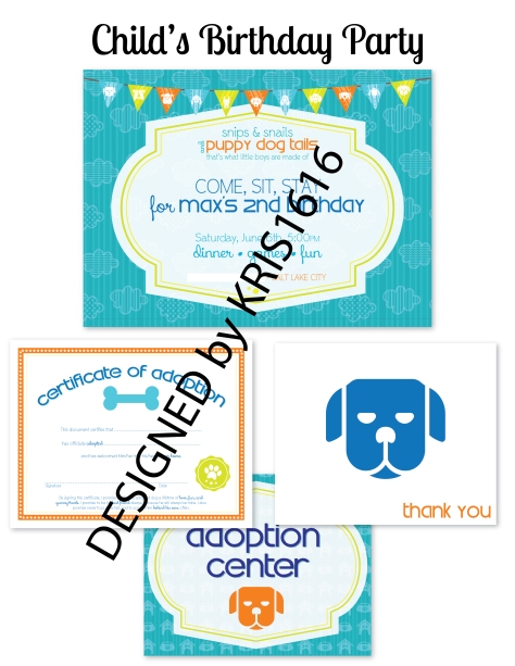 Puppy themed party pack: invitation, adoption certificate, signage and thank you notes.